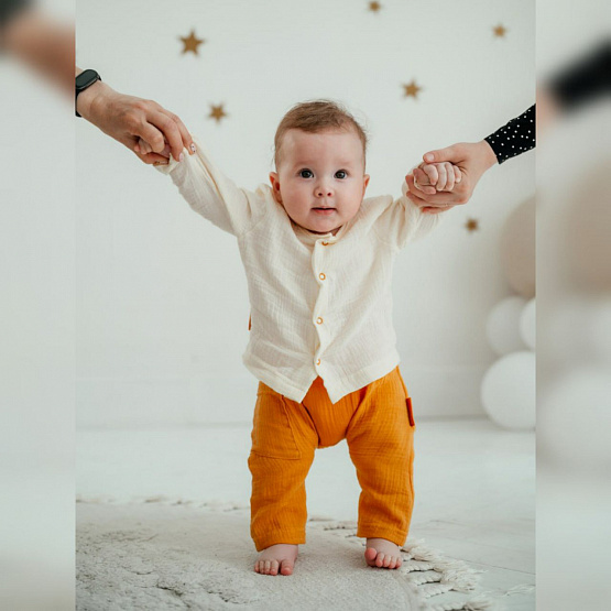 К-331 Костюм, штаны и рубашечка из муслина (горч.+мол.)